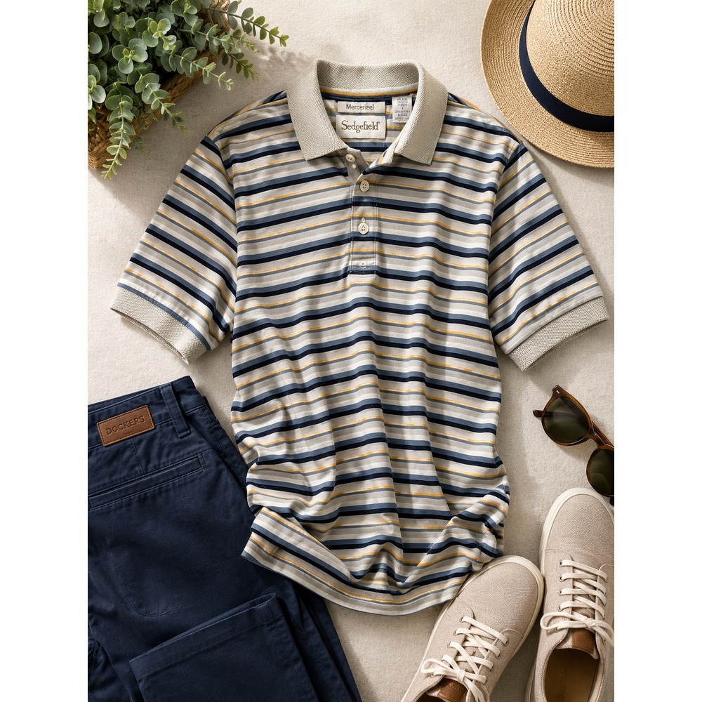 Sedgefield Mercerized Polo Shirt Mens M Striped 100% Cotton Short Sleeve Golf